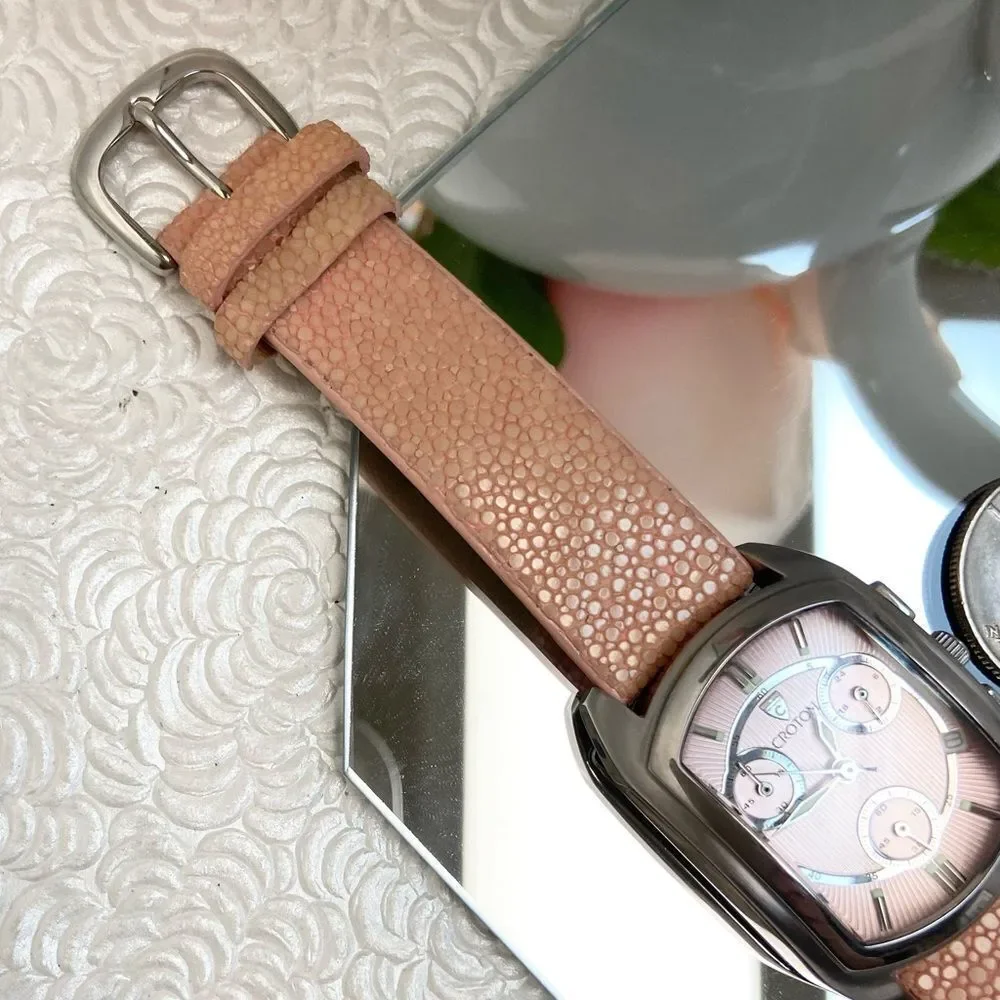 Croton All Stainless Steel Swiss Quartz Chronograph Pink Dial Sharkskin Strap